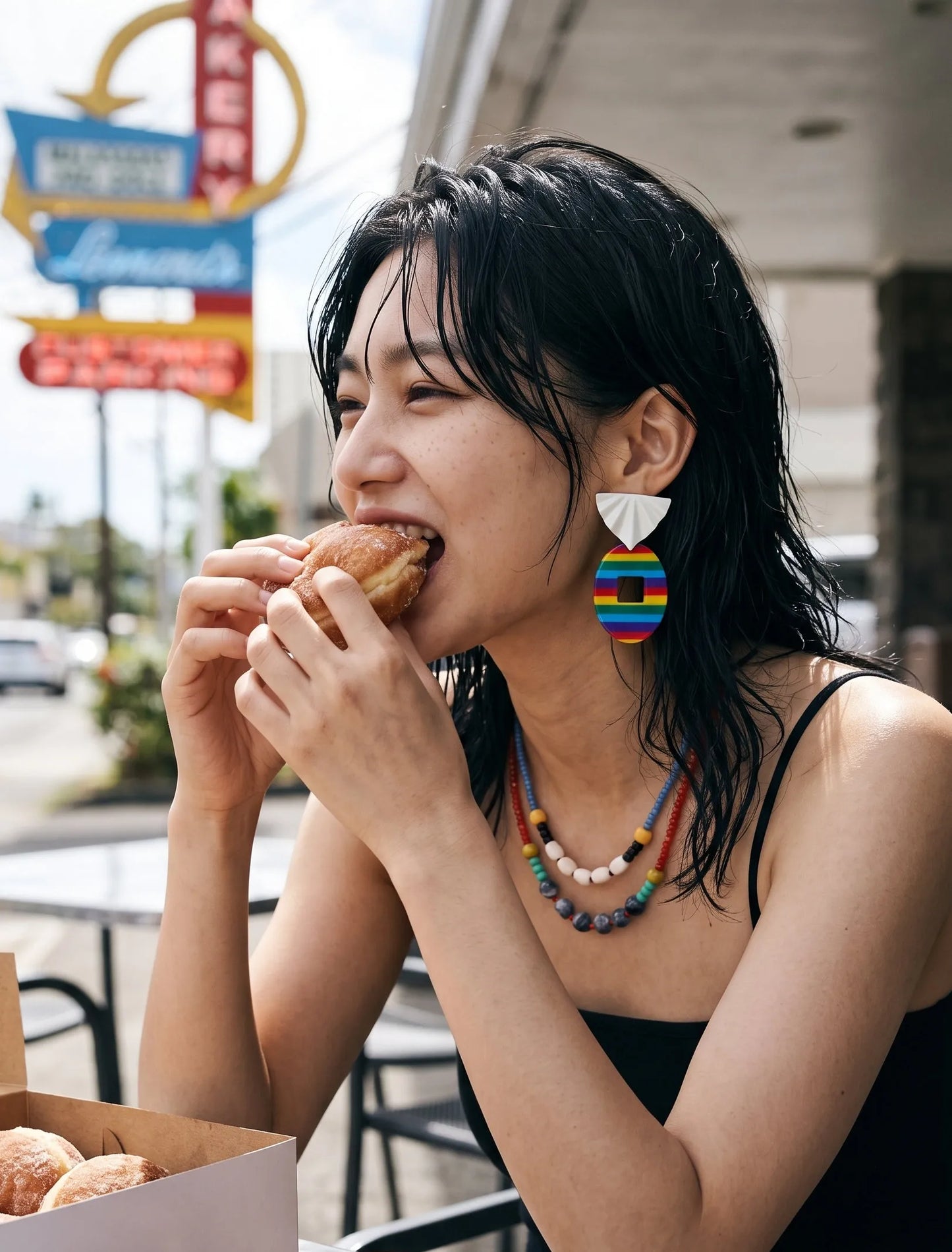 Hawaii bakery day rainbow stripe acrylic drop earrings, vacation OOTD layered necklace inspo
