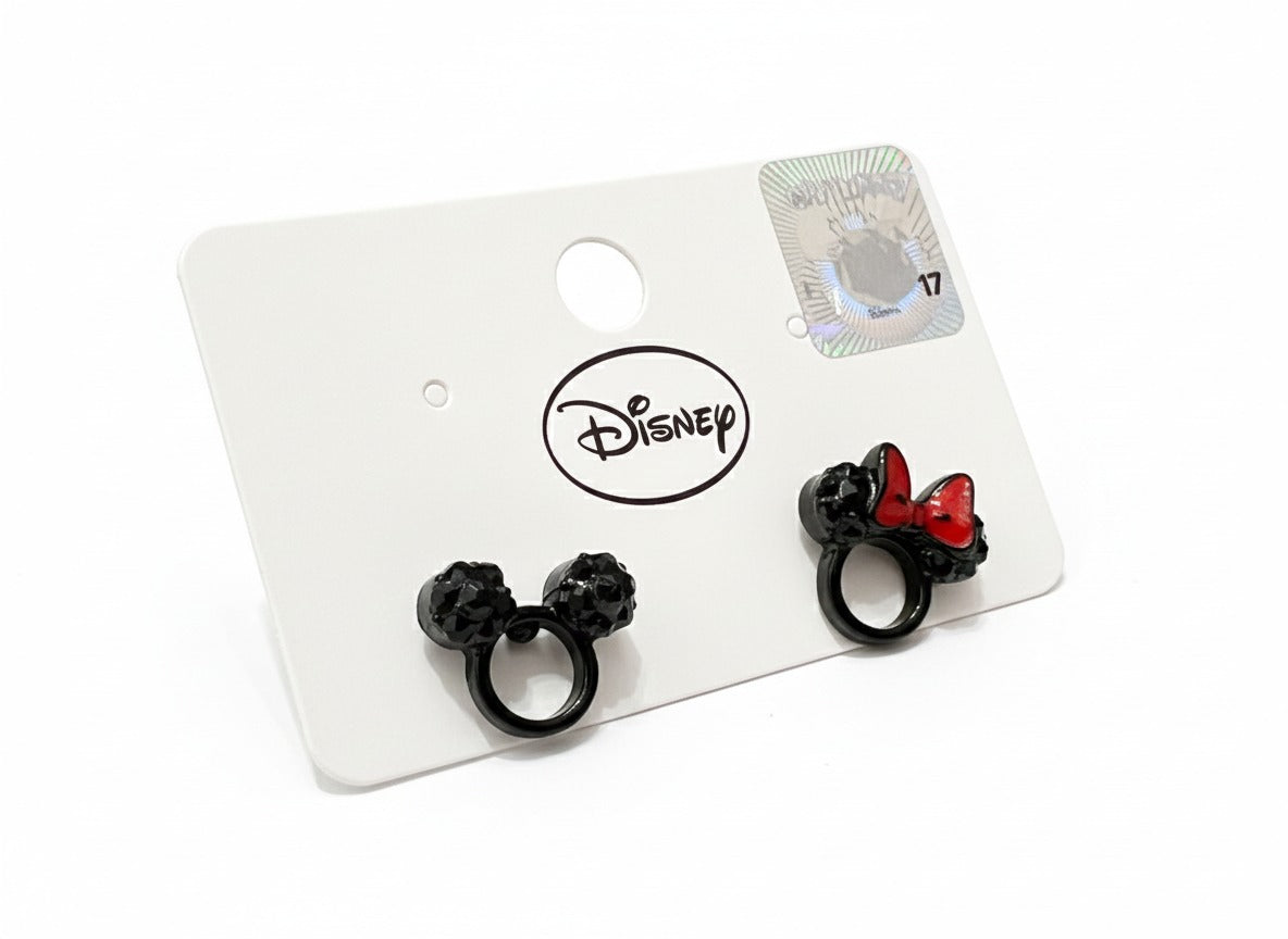 Flat lay of Disney Mickey Minnie black rhinestone earrings on official white card with hologram