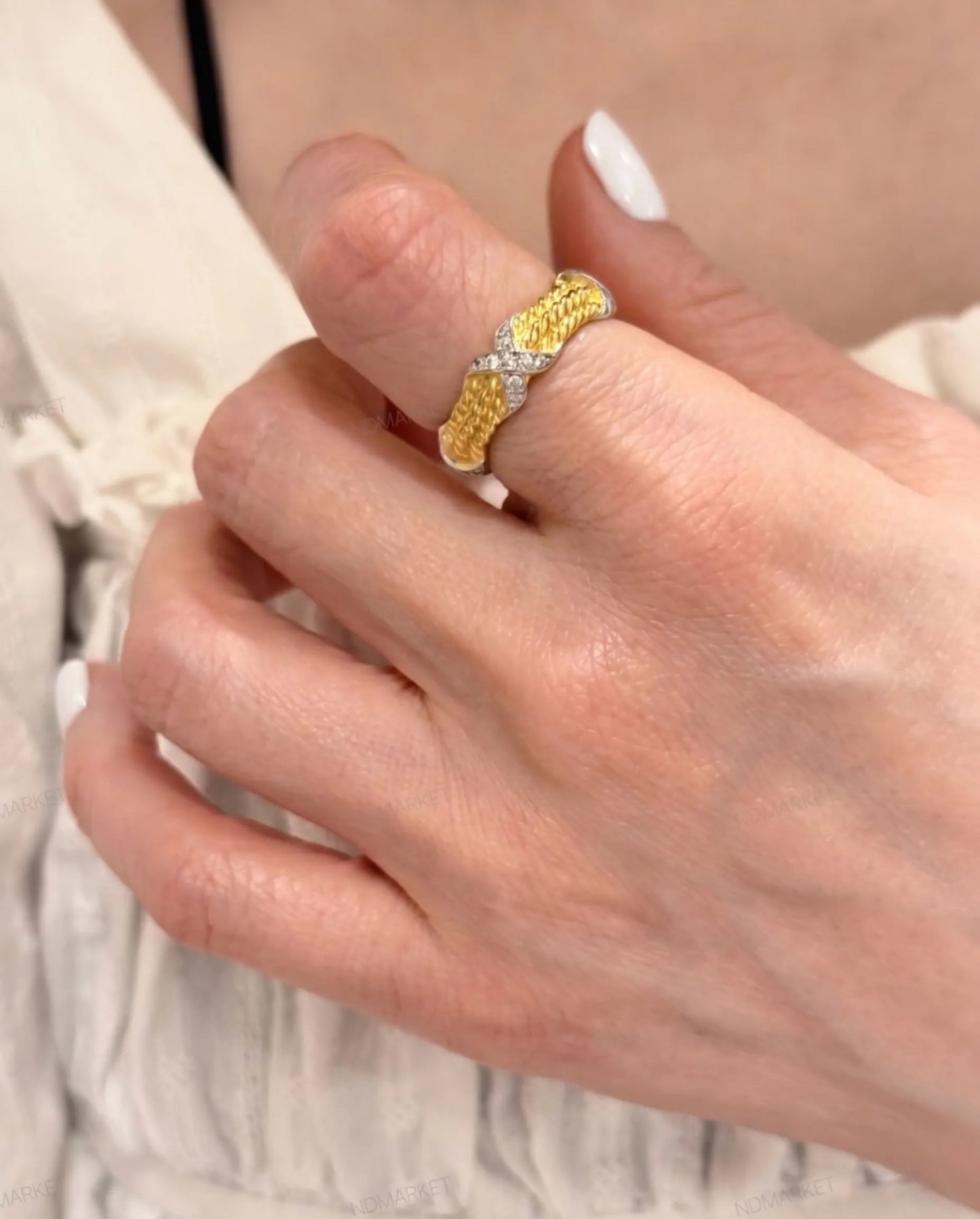 925 Sterling Silver Two-Tone Twisted Rope Band Ring with CZ X-Cross