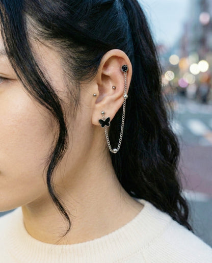 Black Butterfly Rose Chain Connected Piercing Surgical Steel