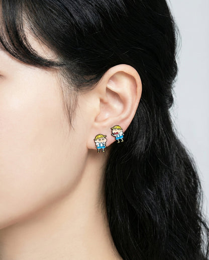 Rear angle of model showcasing Crayon Shin-chan friendship earrings in daily styling"