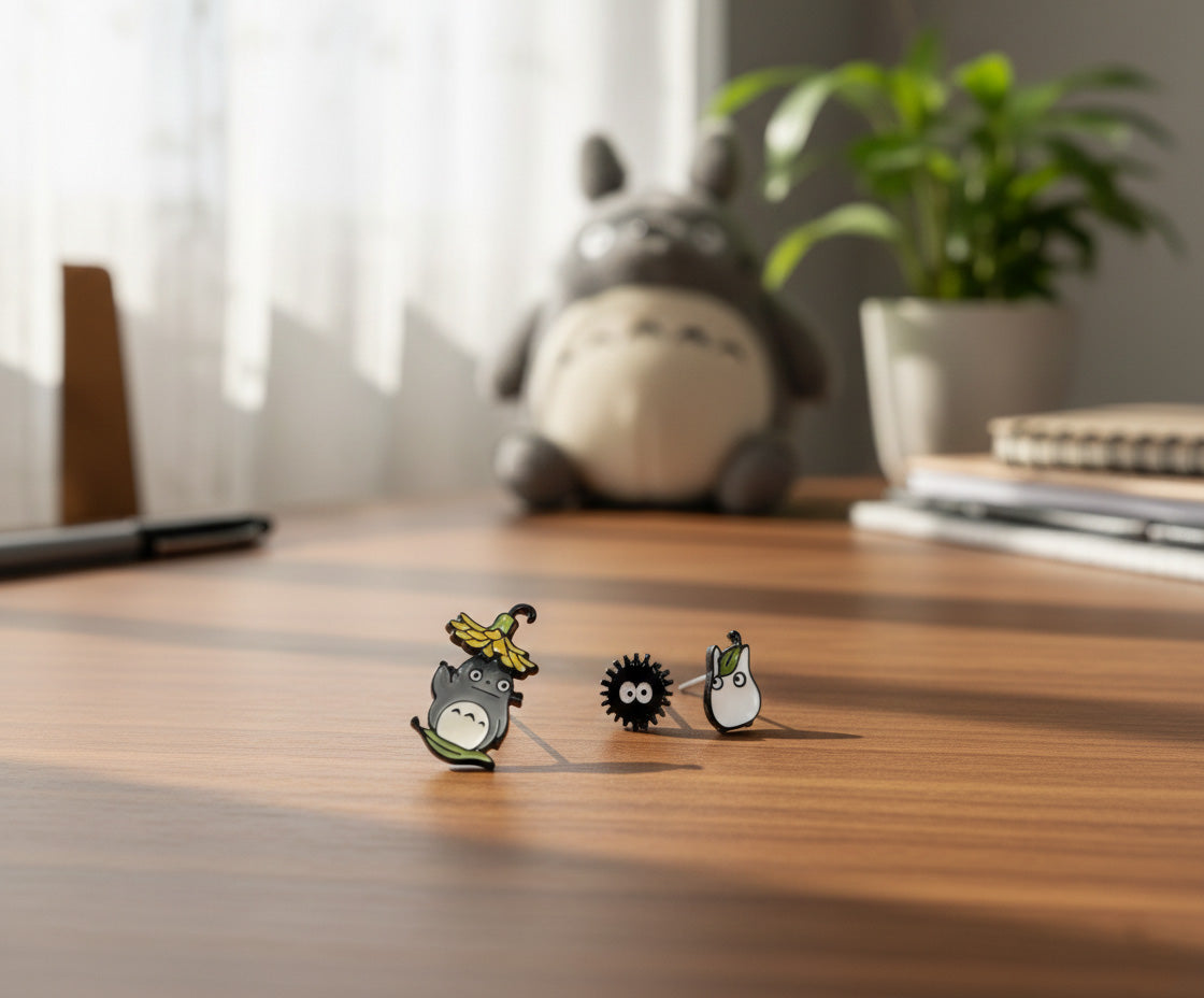 Totoro-inspired character earrings set of three on minimal background