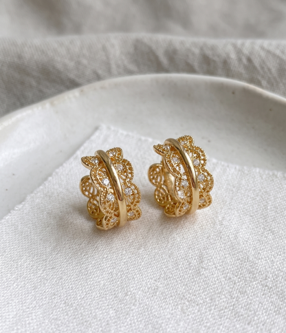 Vintage Filigree Chunky Hoop Earrings | CZ | Gold & Silver | Korean Jewelry