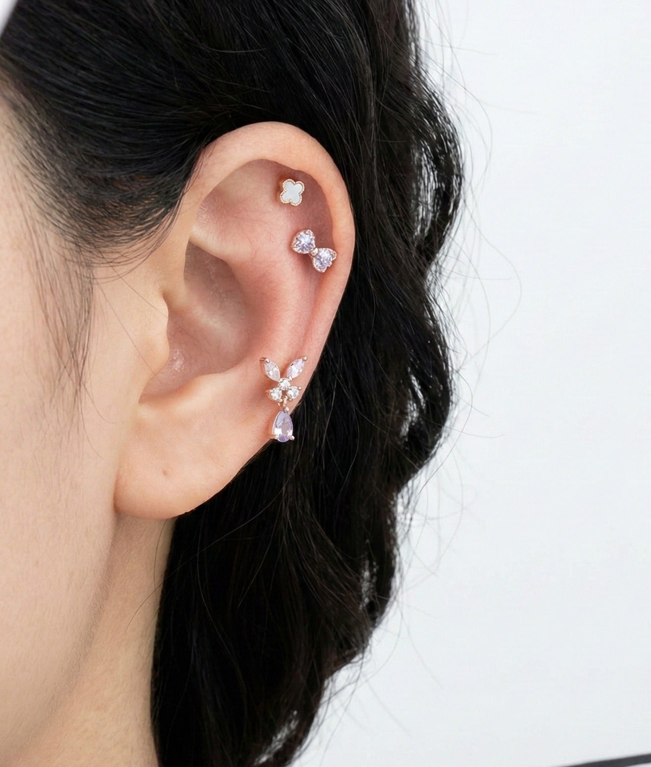 Butterfly Drop Barbell Earrings – Purple & Clear CZ | Cartilage earring