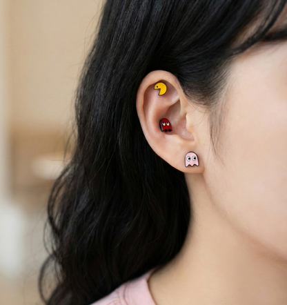 Pac-Man & Ghost Barbell Stud | Retro Gamercore Piercing | Made in Korea