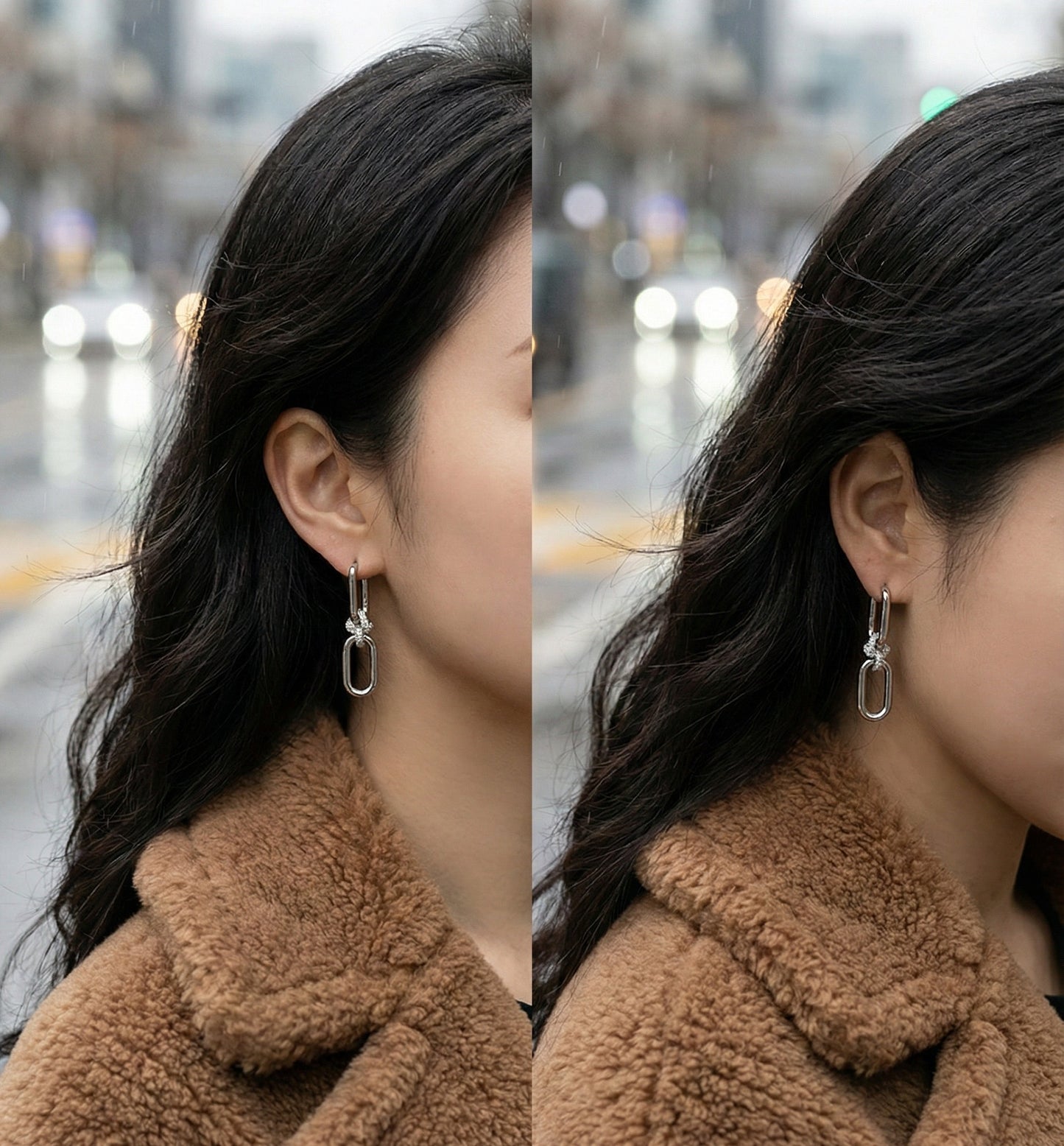 Before and after comparison of gold chain drop earrings worn with beige fleece coat