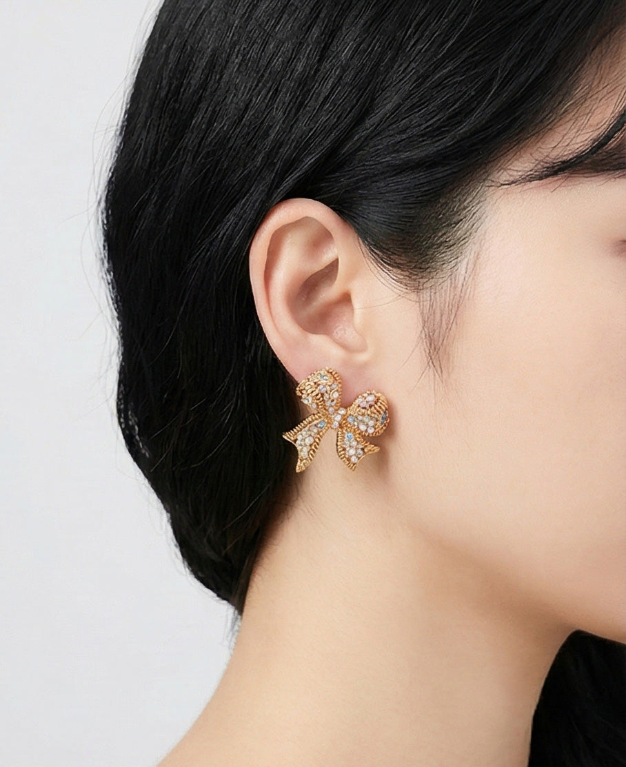 Vintage Kitsch Bow Earrings - Chunky Retro Ribbon Statement Studs with Sparkling Crystals