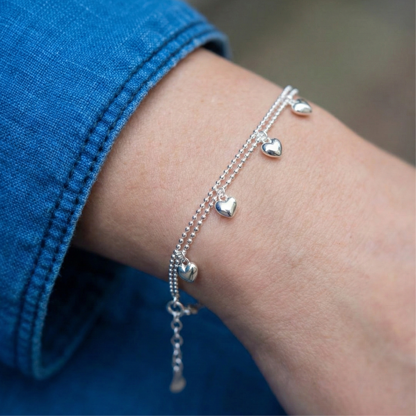 925 Sterling Silver Heart Charm Bracelet - Double Chain Puffed Hearts