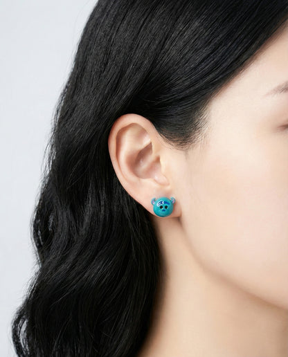 Sulley from Monsters Inc Tsum Tsum stud earring worn on ear - turquoise blue character jewelry