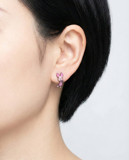 Pooh & Piglet Inspired 2-Way Drop Stud Earrings Handmade in Korea, 925 Silver Post