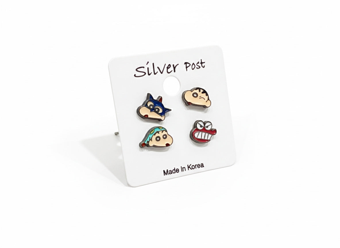 Crayon Shin-chan silver post earring set with Shiro, Action Kamen, and Shin-chan characters handmade in Korea