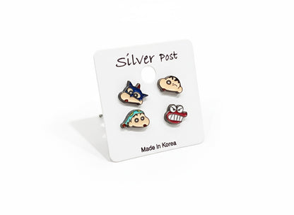Crayon Shin-chan silver post earring set with Shiro, Action Kamen, and Shin-chan characters handmade in Korea
