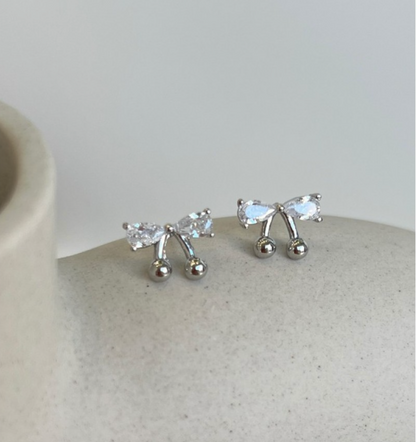 CZ Bow Cherry Stud Earrings – Sparkling Cubic Zirconia Ribbon with Ball Drop, Hypoallergenic, Gold & Silver