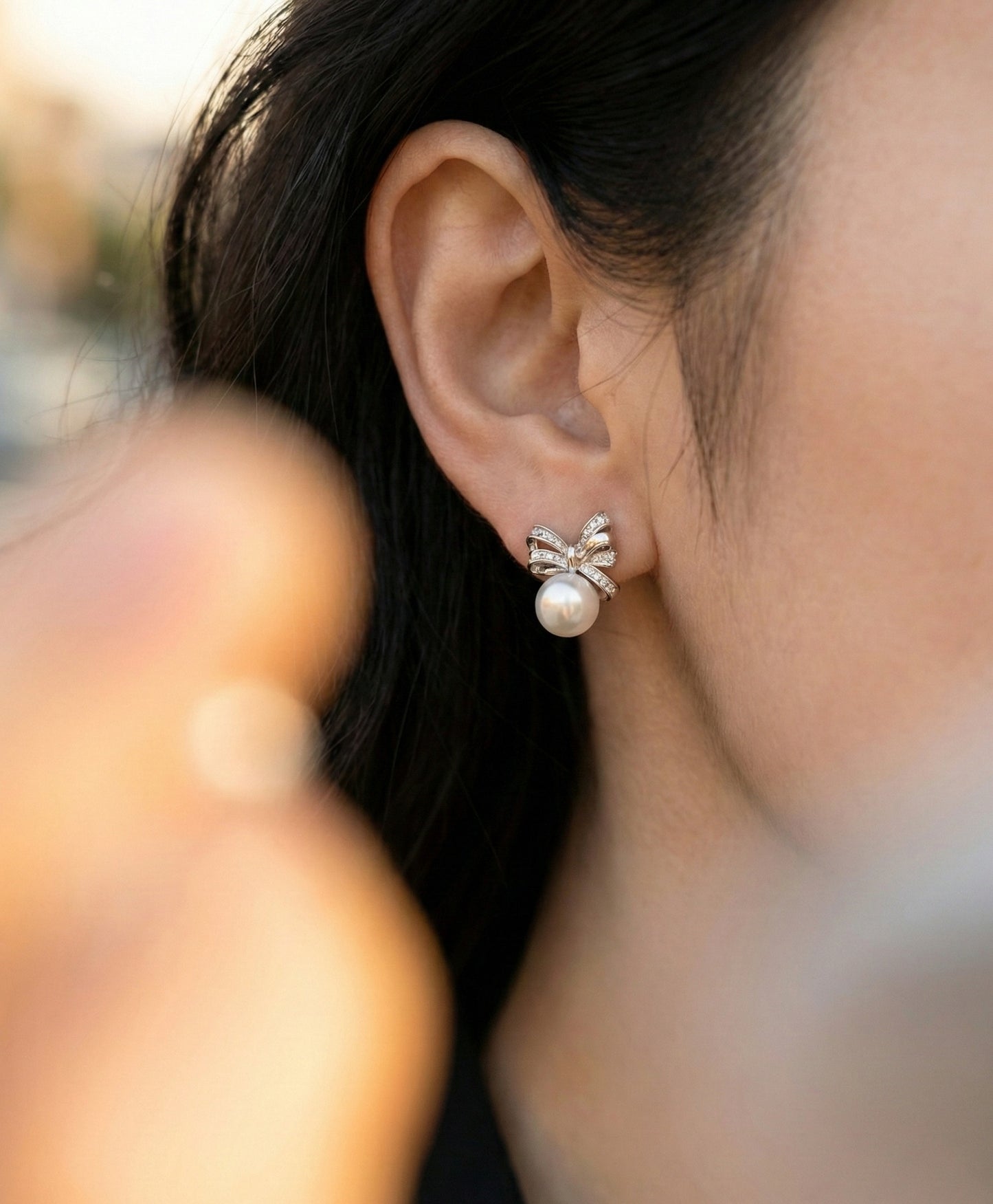 Elegant Ribbon Bow Pearl Stud Earrings - 925 Silver Post