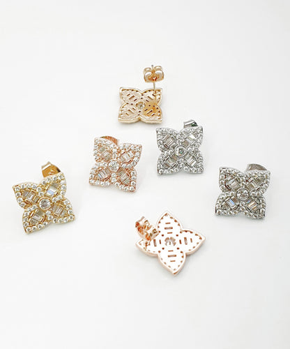 Luxe Floral Baguette Cut CZ Stud Earrings - 925 Silver Post 3 Colors