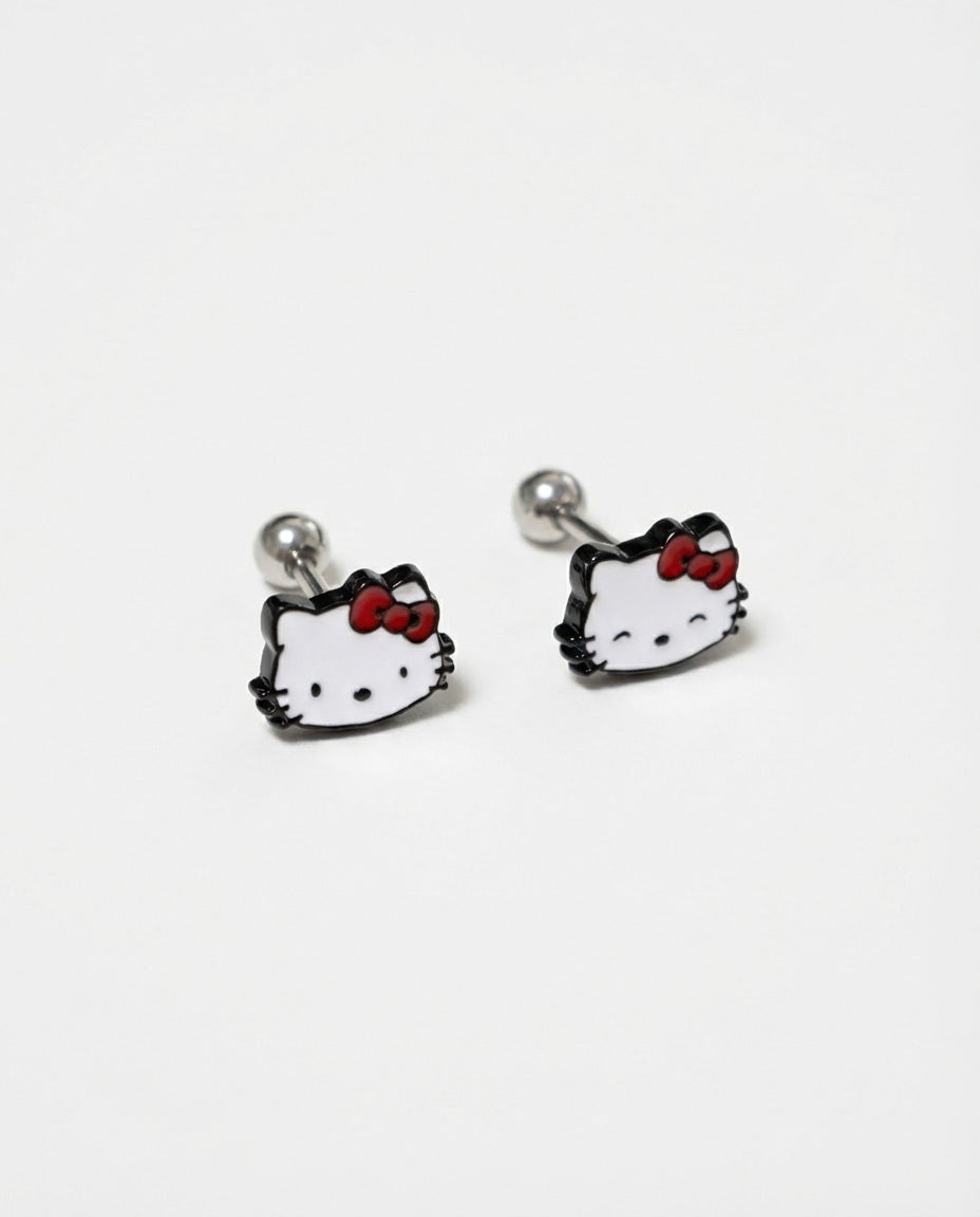 Hello Kitty white enamel cartilage piercing studs with red bow detail