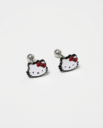 Hello Kitty white enamel cartilage piercing studs with red bow detail