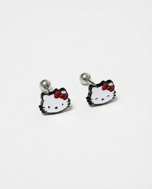 Hello Kitty white enamel cartilage piercing studs with red bow detail