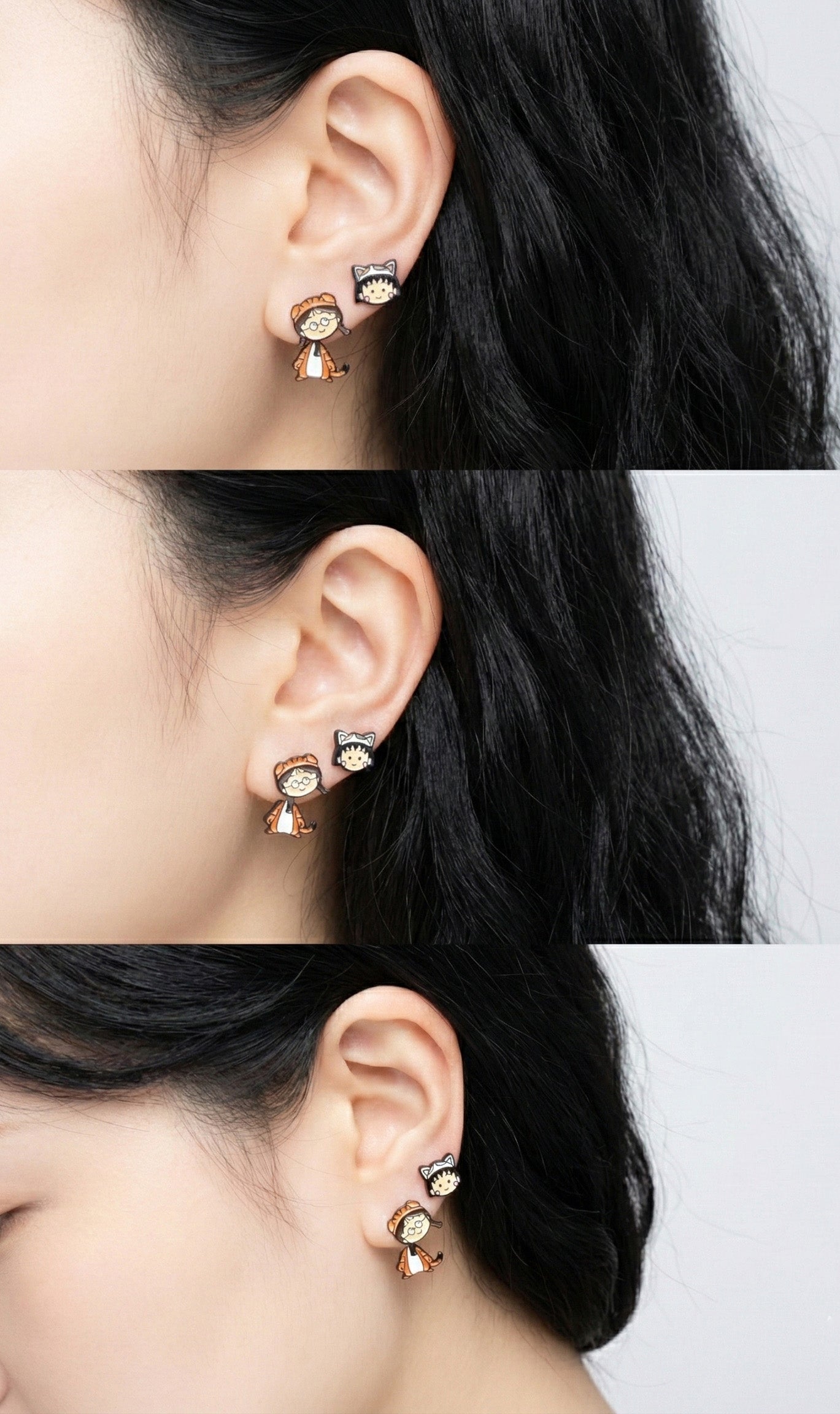 Model wearing mixed styling with both Maruko and Tamae earrings on double piercing