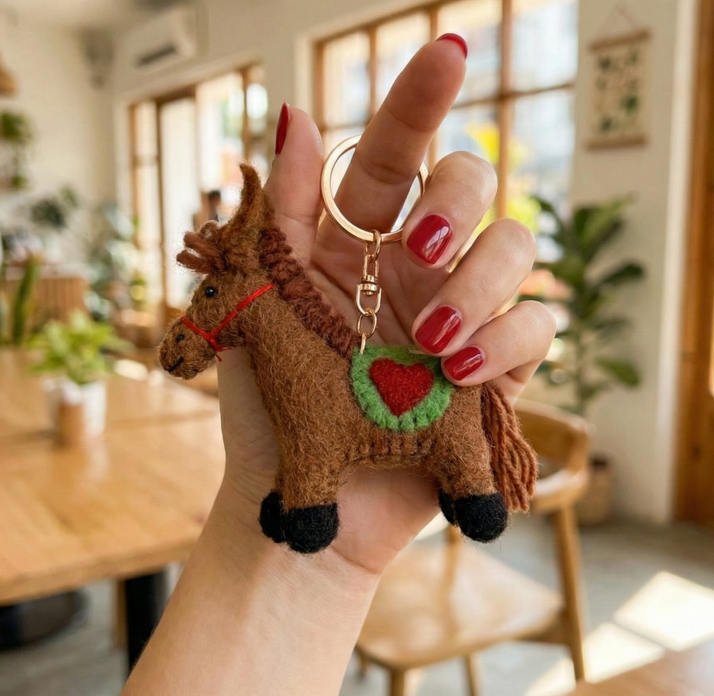 Brown wool felt pony keychain held in hand with red manicure in bright interior setting