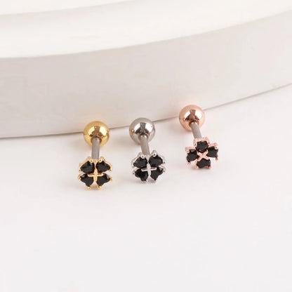 K-style cubic clover piercing trio, gold silver rose gold cartilage stud inspo.