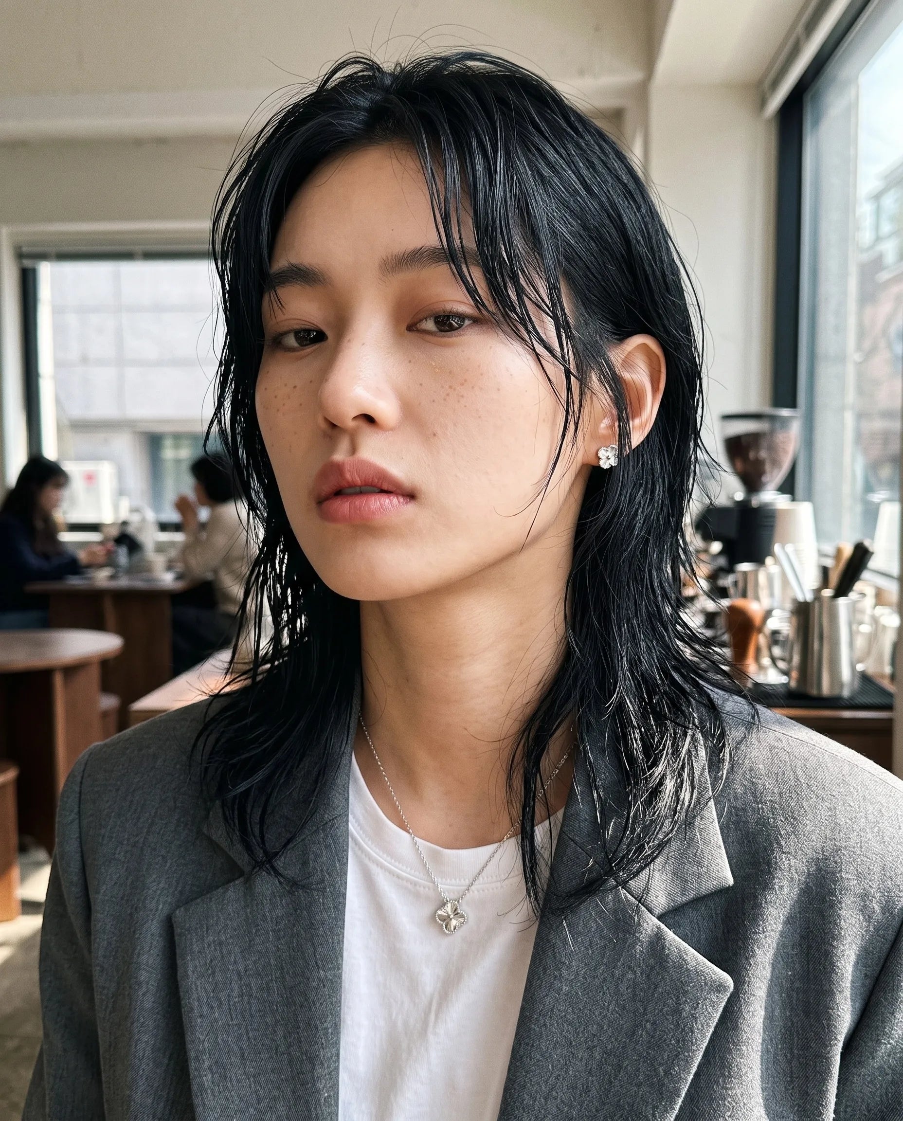 K-style clover necklace 925 silver platinum plated milgrain pendant with clover stud earrings, clean girl aesthetic gray blazer layered cut everyday look.