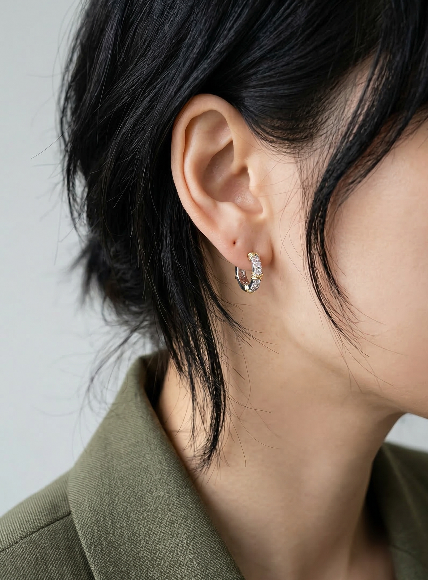 Two-Tone CZ Criss-Cross Huggie Hoop Earrings – 925 Sterling Silver, Gold X Detail