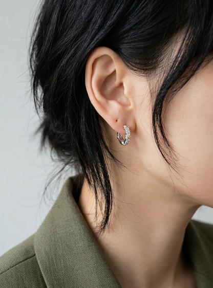 Two-Tone CZ Criss-Cross Huggie Hoop Earrings – 925 Sterling Silver, Gold X Detail