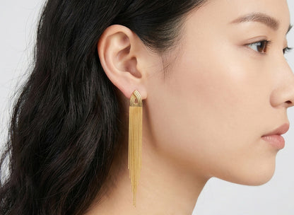 Front view of gold waterfall chain earrings with titanium posts, luxury tassel jewelry