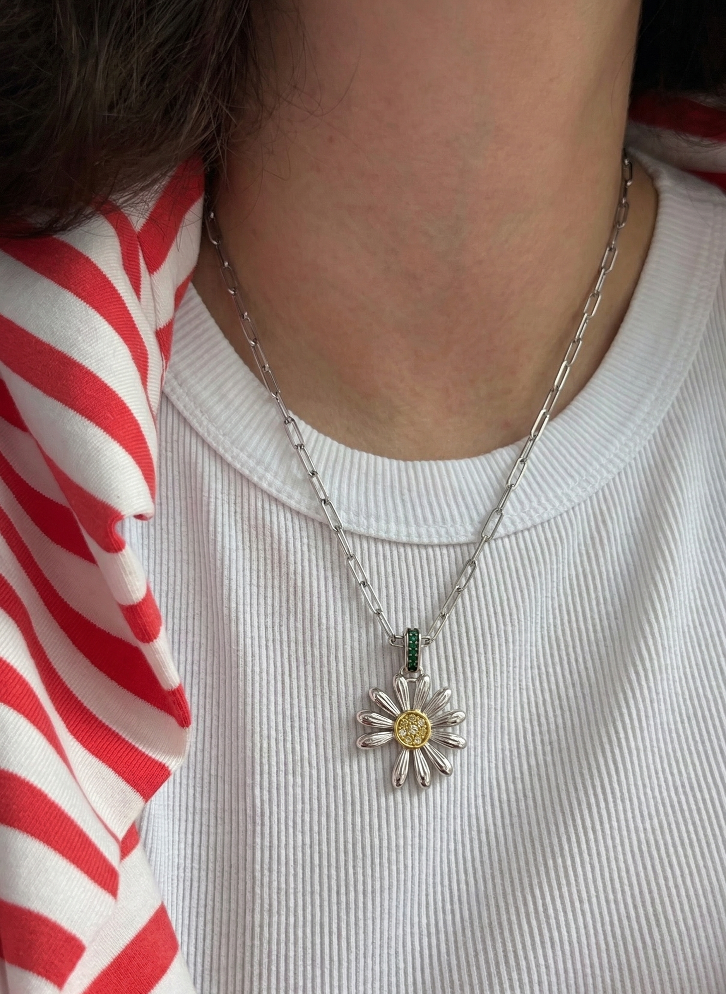 925 Sterling Silver Daisy Pendant Necklace – Green CZ Bail & Yellow Pavé Center