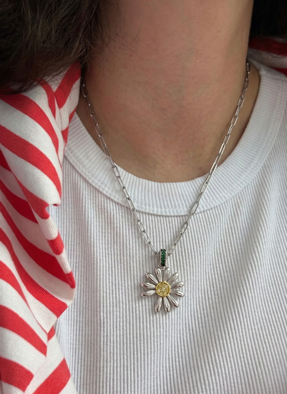 925 Sterling Silver Daisy Pendant Necklace – Green CZ Bail & Yellow Pavé Center