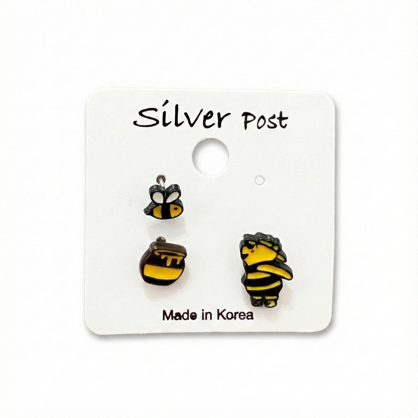 Pooh-Inspired 3pcs Stud Earrings (Bee, Jar & Bear) – 925 Silver Post