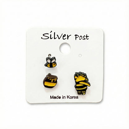 Pooh-Inspired 3pcs Stud Earrings (Bee, Jar & Bear) – 925 Silver Post