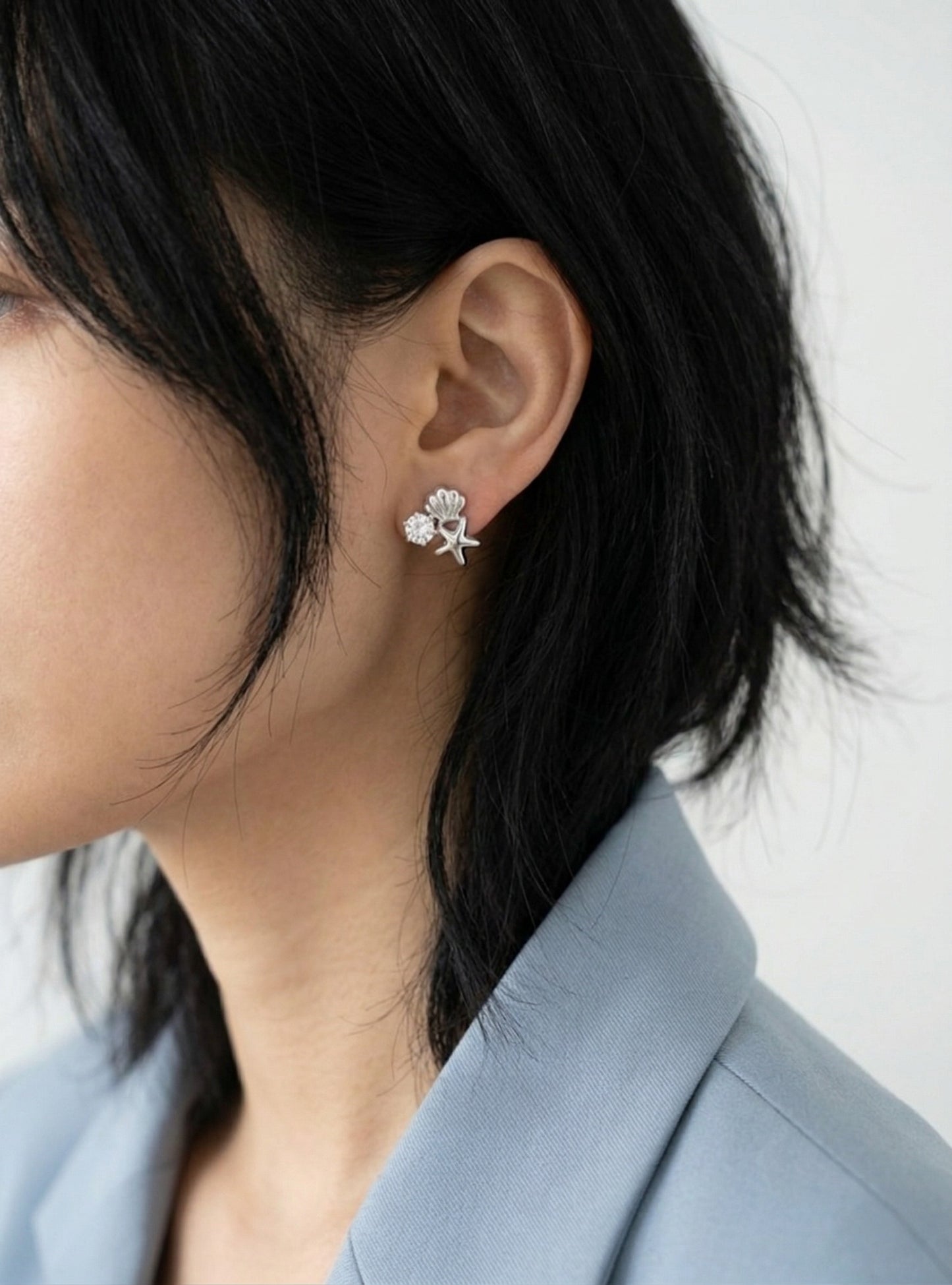 Mermaidcore Shell & Starfish Cubic Zirconia Stud Earrings | Hypoallergenic Titanium Post | Gold & Silver