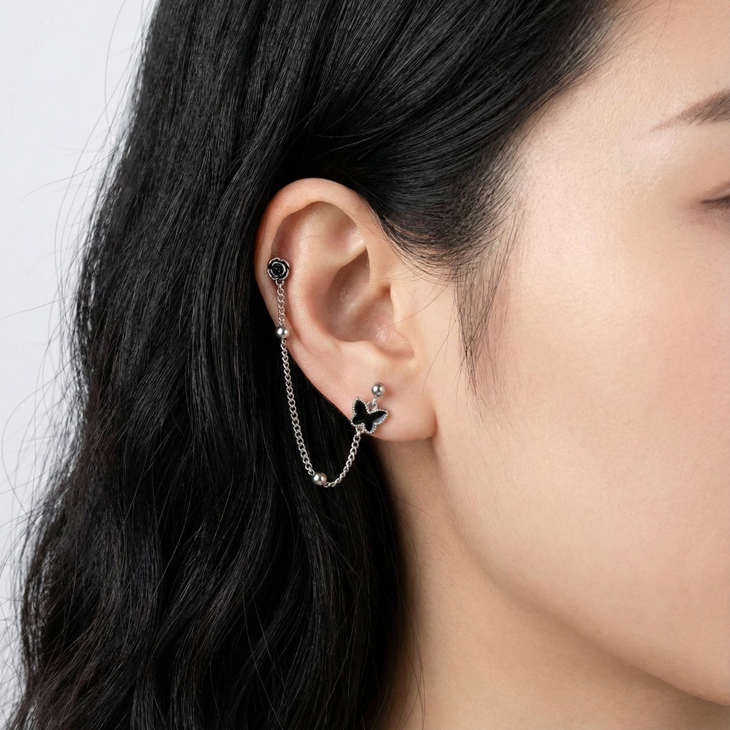 Black Butterfly Rose Chain Connected Piercing Surgical Steel