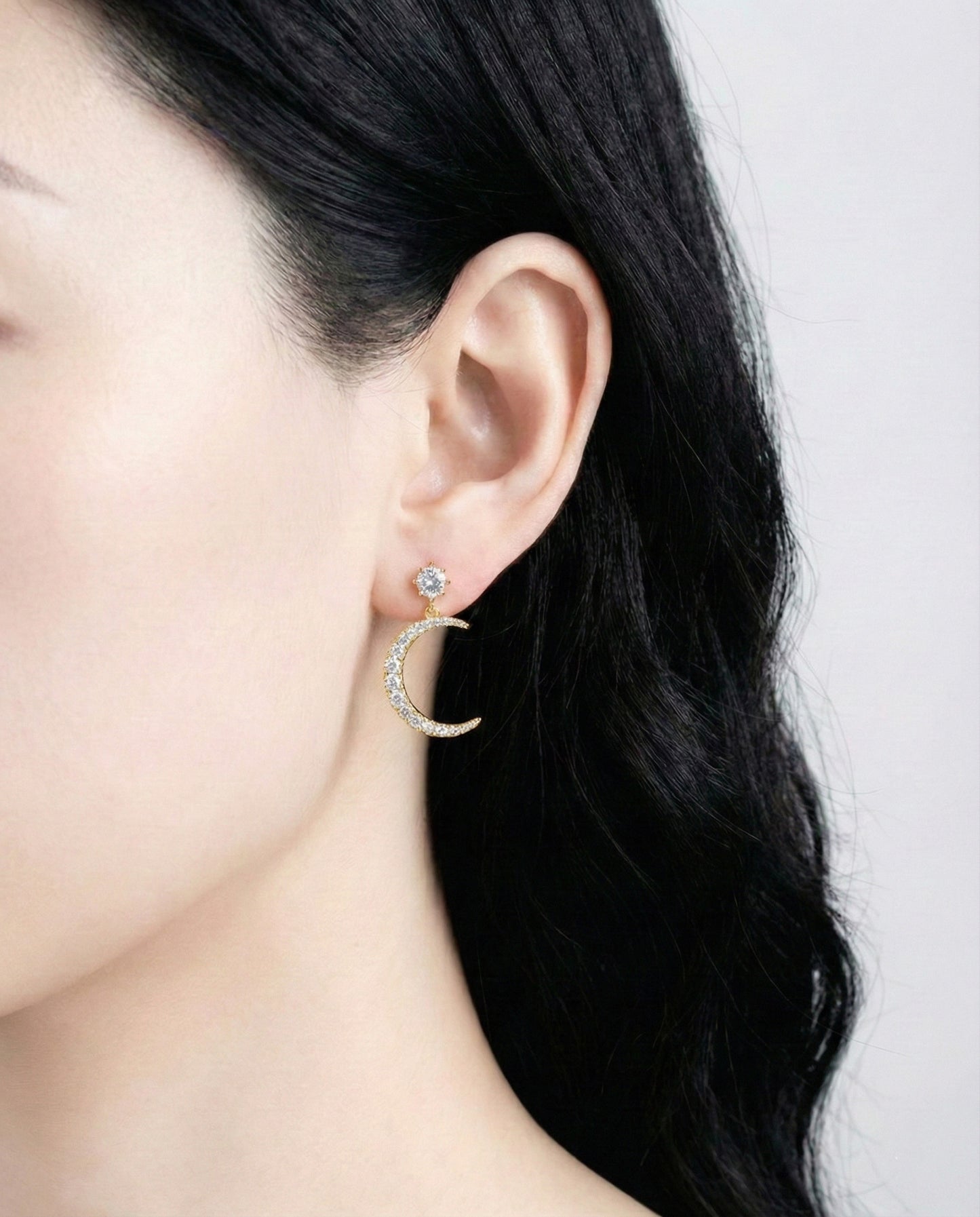 Celestial Moon and North Star Asymmetric Drop Earrings - 925 Silver Posts