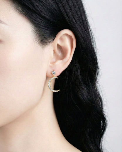 Celestial Moon and North Star Asymmetric Drop Earrings - 925 Silver Posts