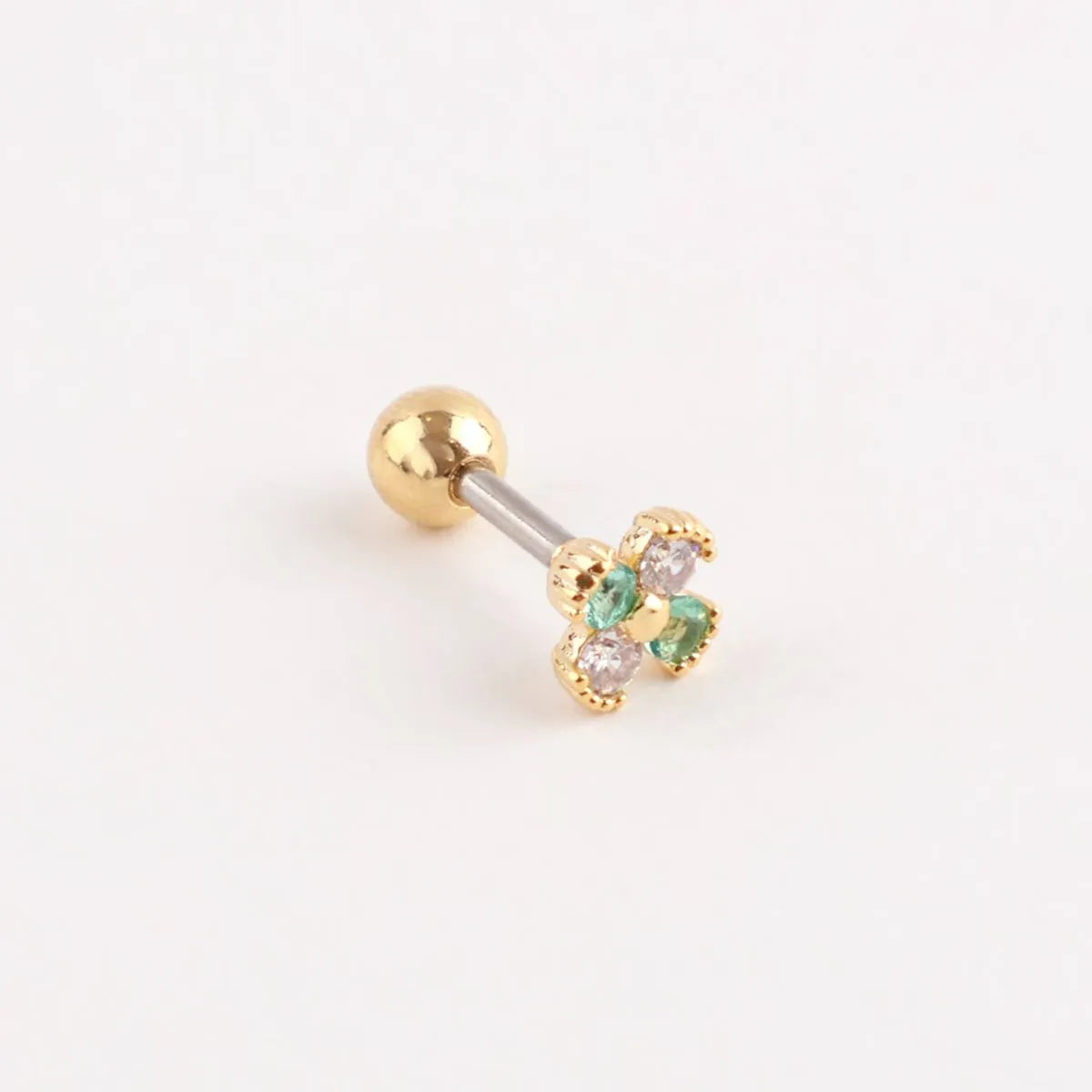 Emerald Clover Barbell Stud | Brass + Surgical Steel | K-Style Ear Stack (Single)