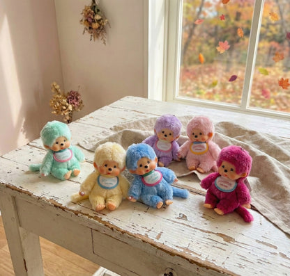 Monchhichi Plush Keychain, Soft Kawaii Bag Charm, Yellow Pink Blue