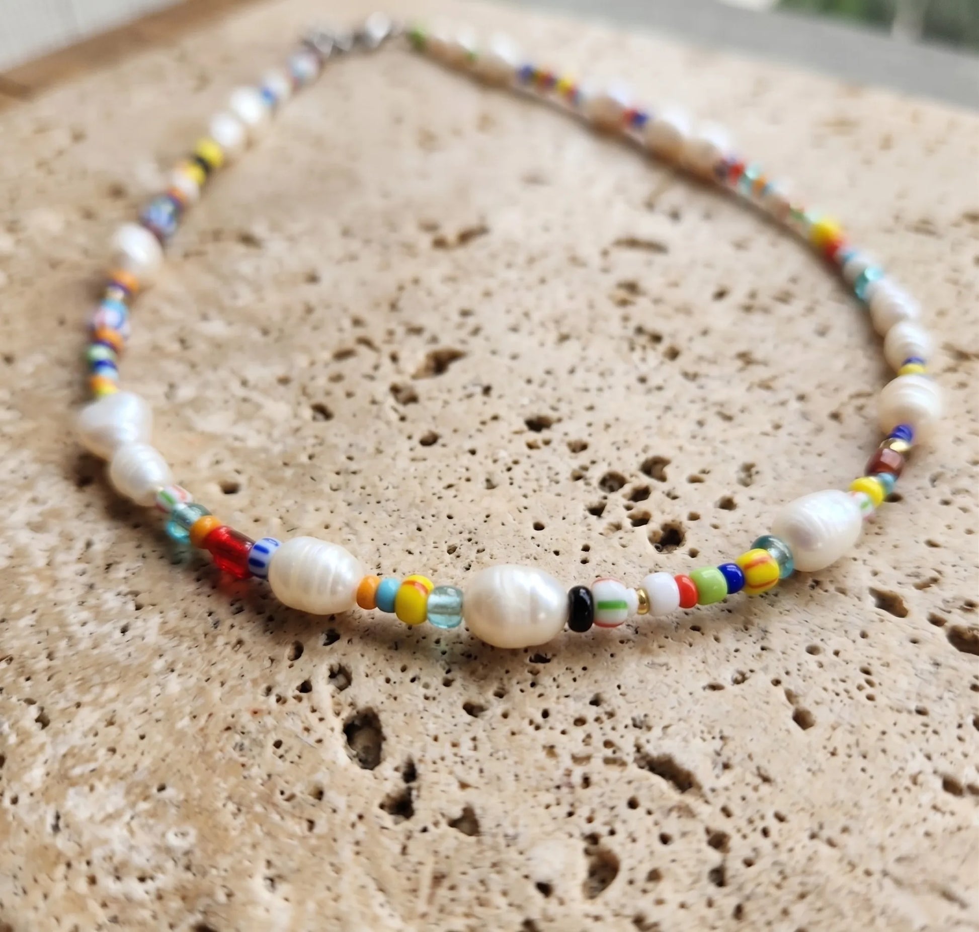 8ttitto8 freshwater pearl Miyuki bead necklace with matching bead bracelet set — K-style summer jewelry full look studio shot