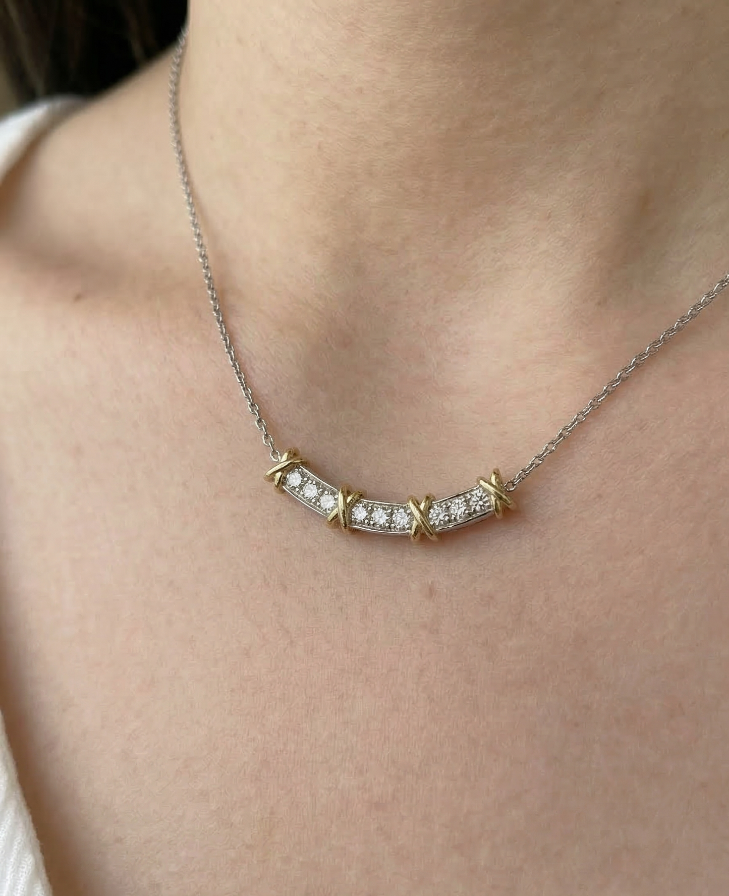 925 Sterling Silver Two-Tone Curved Bar Necklace with Gold X Cross