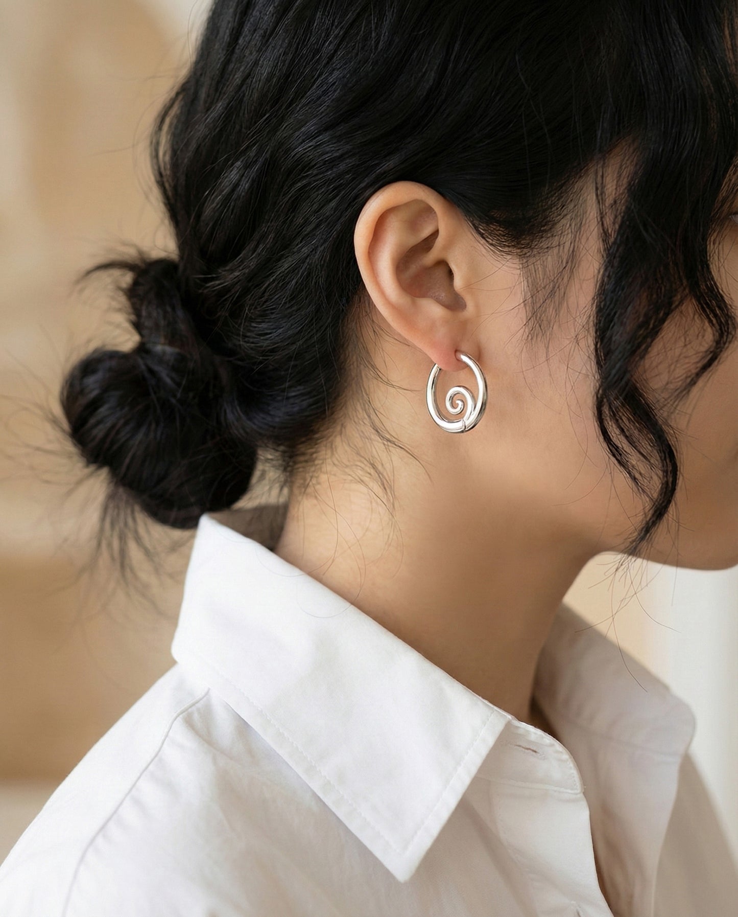 Modern Sculptural Spiral Hoop Earrings - Gold & Silver (Titanium Post, Clicker Style)