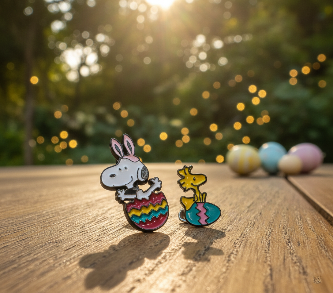 Snoopy & Woodstock Easter Egg Asymmetrical Drop Earrings - 925 Silver Post