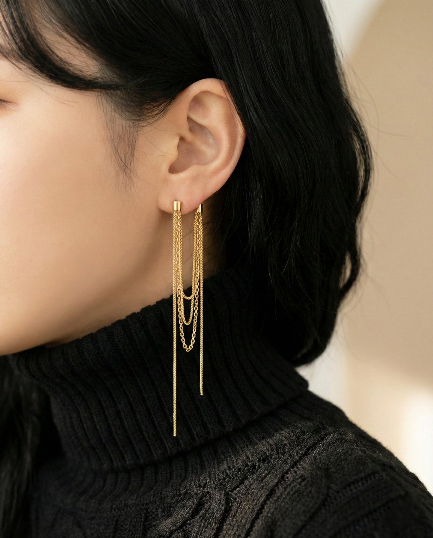 Layered Snake Chain Front Back Drop Earrings - Long Tassel Linear Earrings