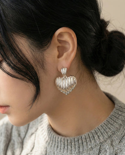 Chunky Ribbed Heart Earrings - Vintage Gold & Silver Statement Studs