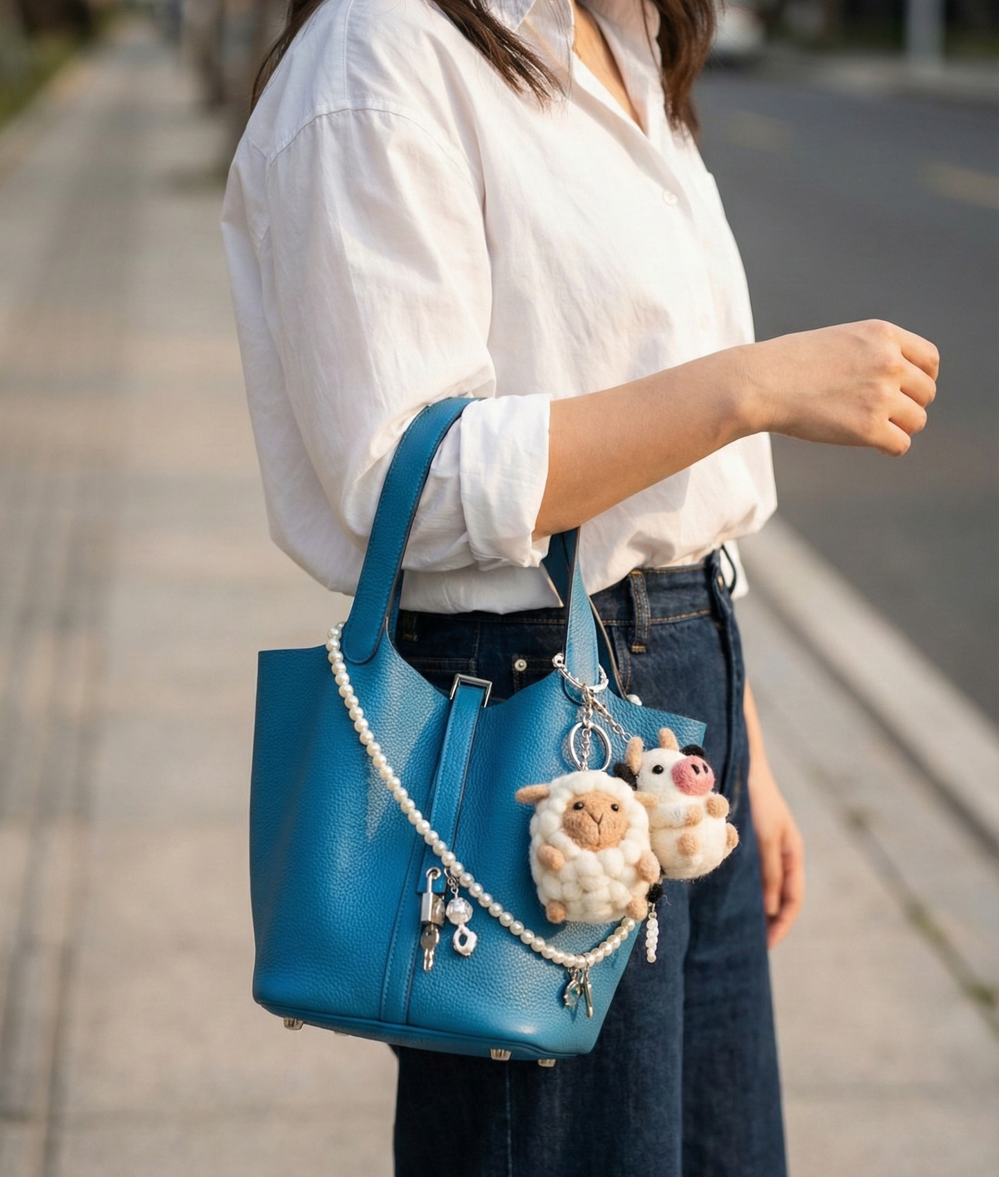 Blue leather shoulder bag styled with handmade wool felt sheep and cow keychains and pearl strap layering
