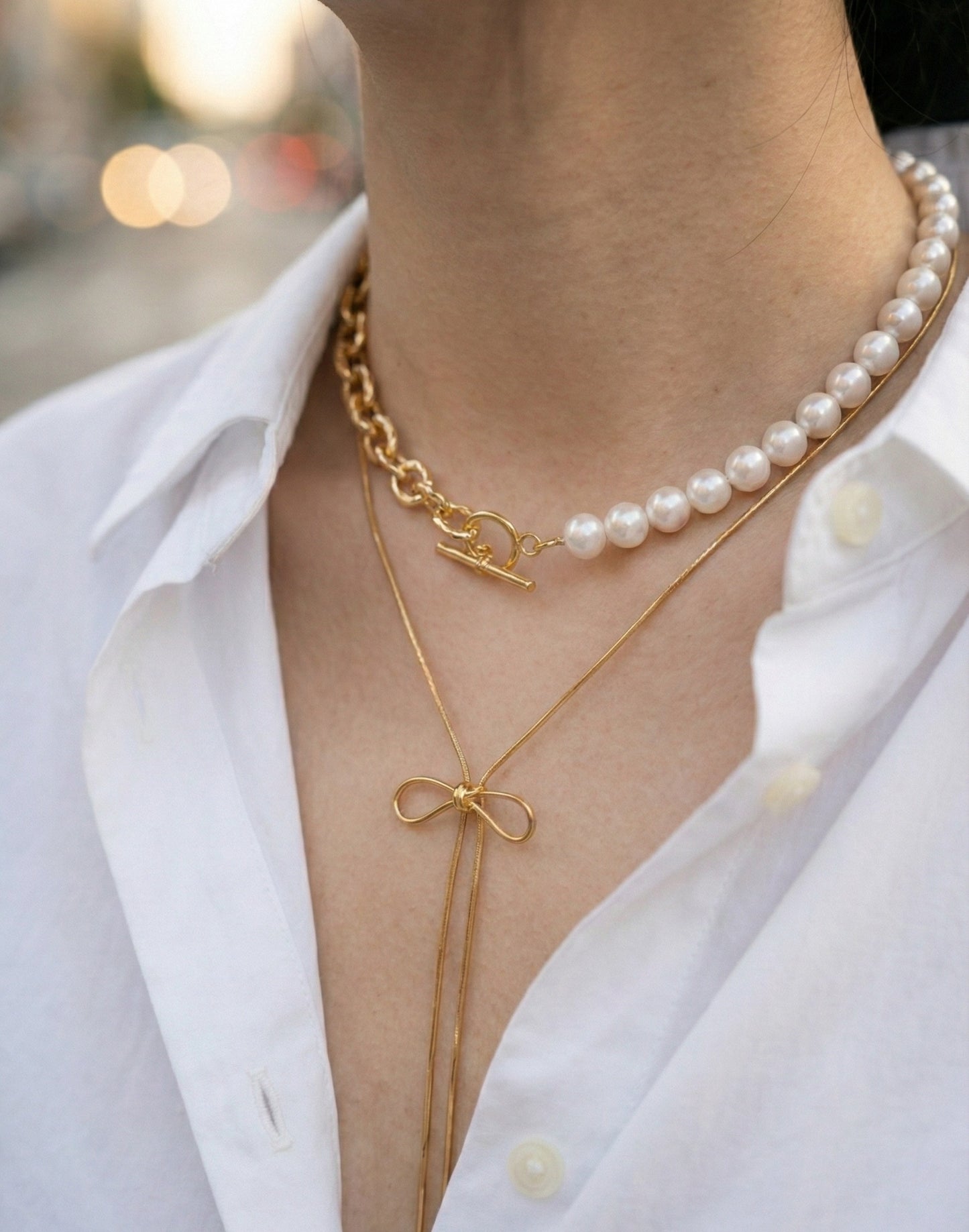 Adjustable Ribbon Bow Lariat Necklace - 65cm Snake Chain Y-Drop in Gold & Silver