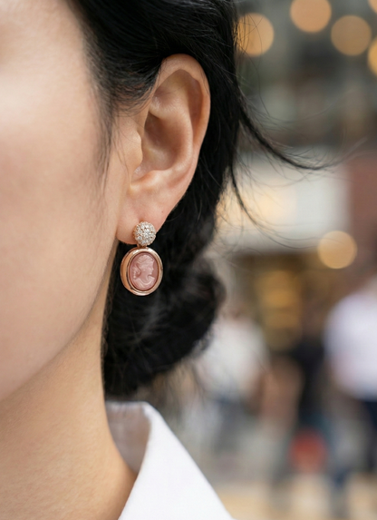 Vintage Cameo Drop Earrings with Pave Crystal Studs - Rose Gold