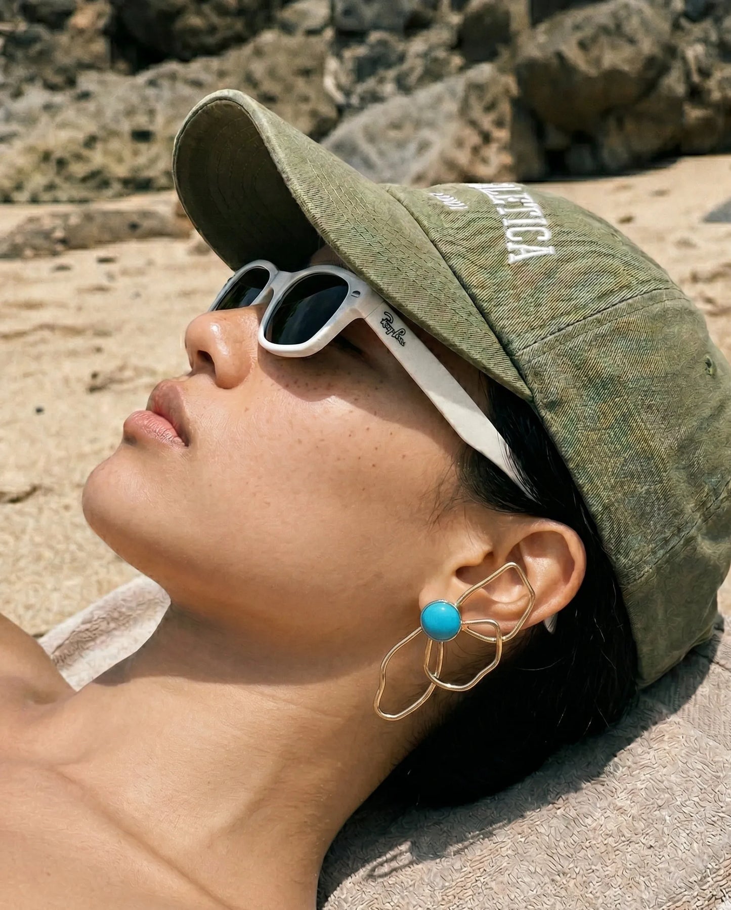 Turquoise Flower Asymmetrical Earrings | Gold Statement Earrings | K-Style Resort Jewelry