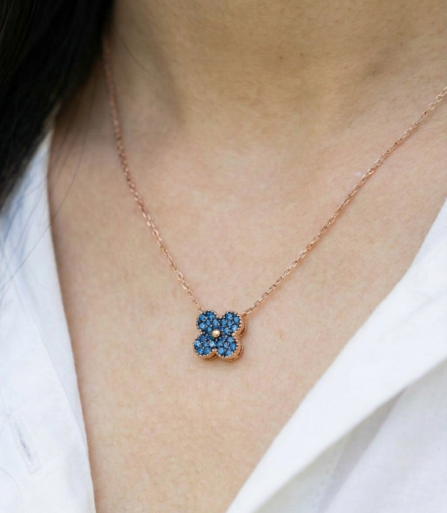 925 Sterling Silver Blue Clover Necklace Earrings Set - Rose Gold